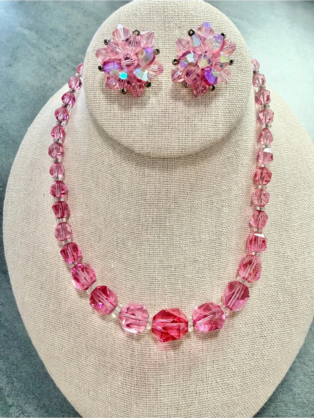 Vintage Pink Crystal Necklace And Clip On Earrings Set Aurora Borealis Faceted